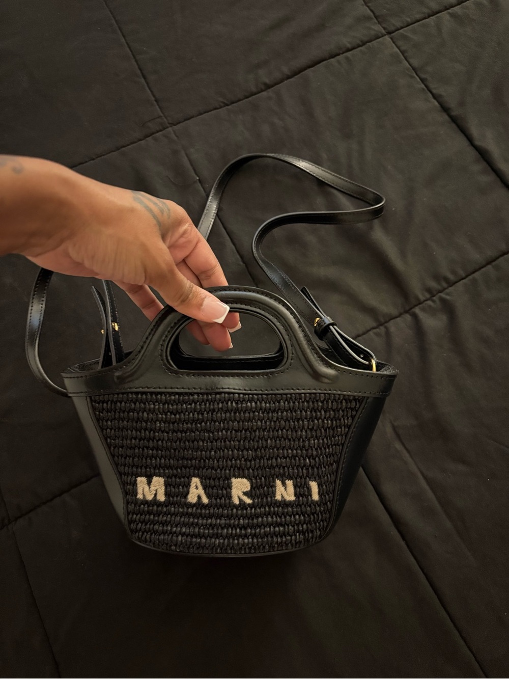 Marni Black Woven Logo Mini Tote with Top Handle